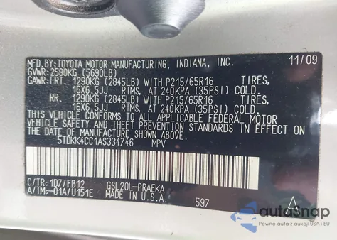 2010 Toyota Sienna Le z USA, uszkodzony, nr VIN 5TDKK4CC1AS334746